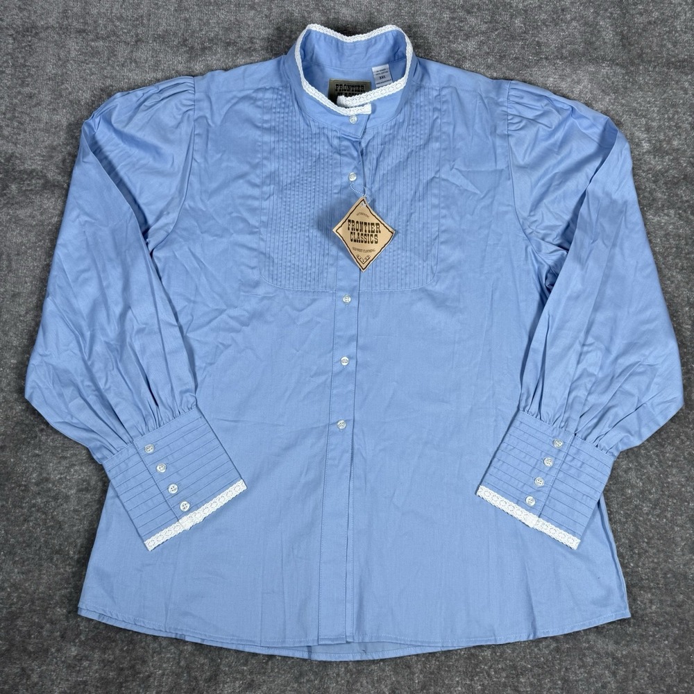 Frontier Classics‎ Blouse Women's 3XL Blue Muriel Pleated Lace Trim Button Up
